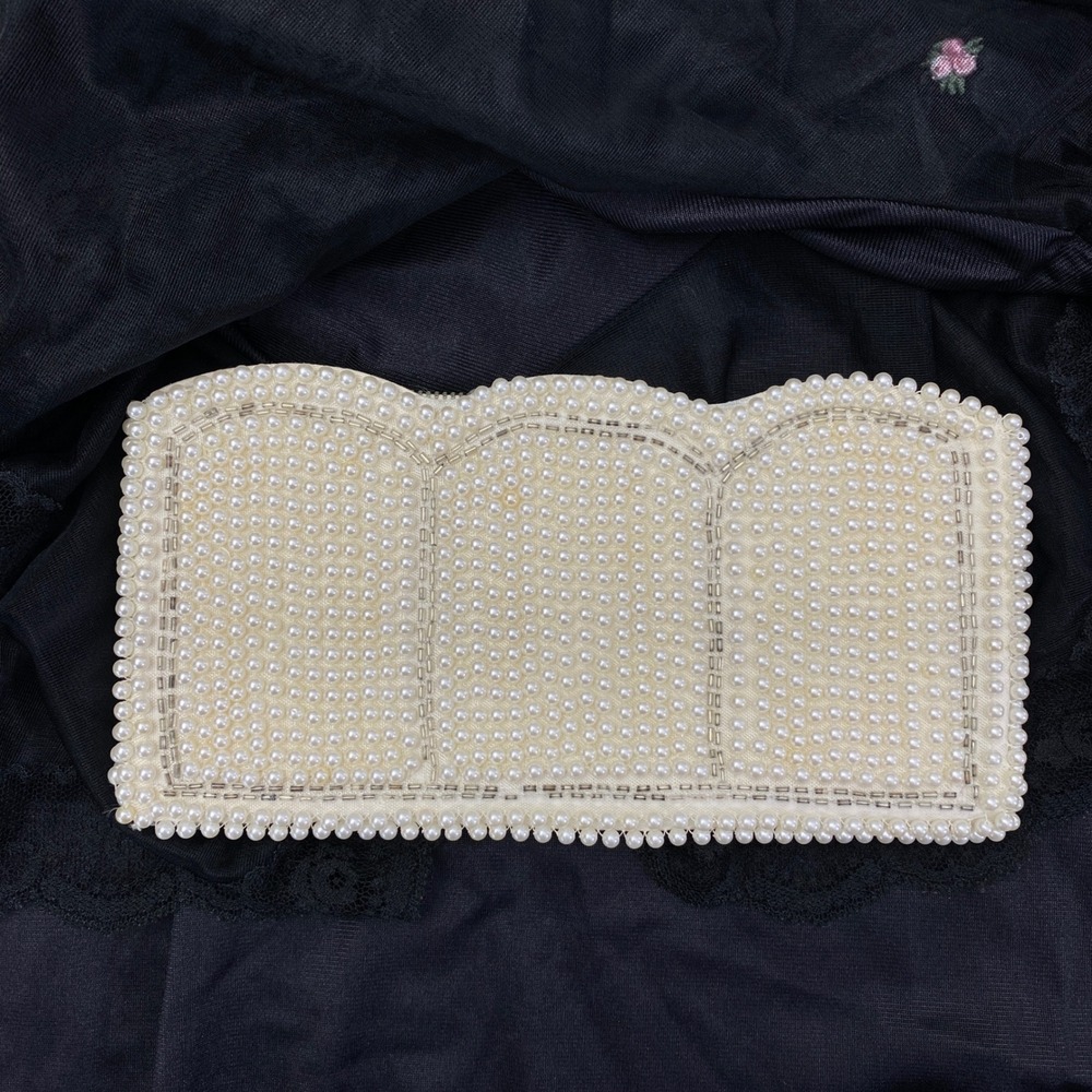 Vintage Made Japan Faux Pearl Beaded Clutch Bag Cream Scalloped Formal Wedding